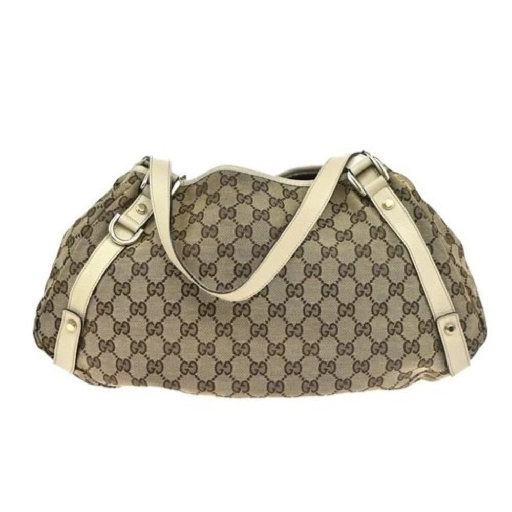 GUCCI Logo GG Pattern Shoulder Tote Bag Canvas Leather Brown White Italy 85EG225 - Picture 3 of 15
